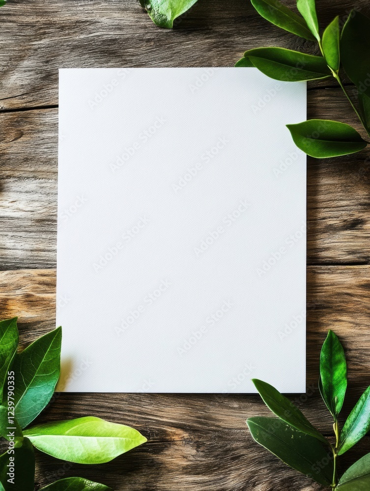 Aufkleber blank paper surrounded by green leaves on a rustic wooden table during daylight. generative ai