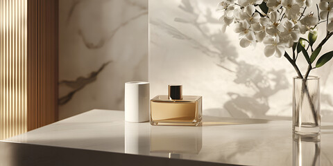 Luxurious Perfume Bottle on Marble Table: A golden perfume bottle with intricate detailing sits elegantly on a pristine marble surface, bathed in soft, natural light.