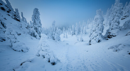 A frozen mountain pass with sharp icy formations, deep snow covering the trails, and a cold blue haze in the air