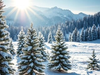 Snow covered pine trees in the alps under warm sunlight, perfect for Christmas setting, Christmas, magical, pine trees © DITSARAPHAN