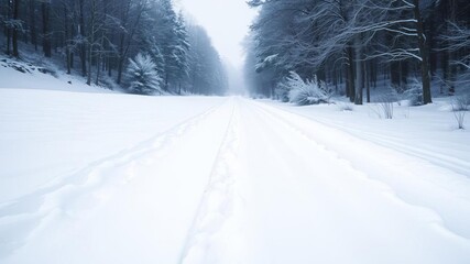 Obraz premium Snow-covered trees lining a tranquil pathway in a serene winter wonderland, frozen, peaceful, nature