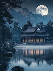 Serene moonlit temple reflected in a still lake, mountains in background.