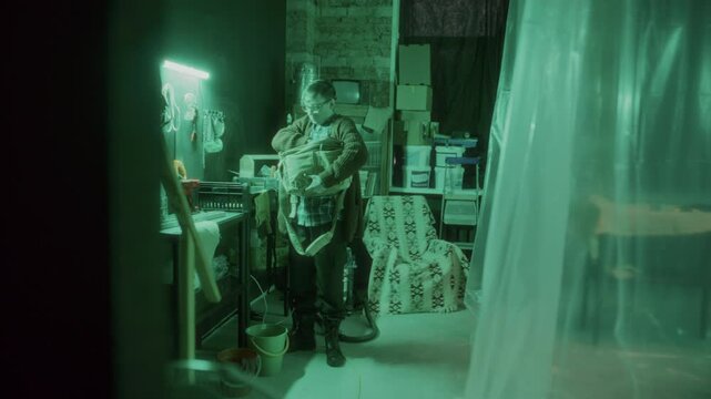 Serial killer preparing weapons, then walking to female victim tied to chair and removing bag from her head, surrounded by plastic curtains in dim basement filled with eerie green light