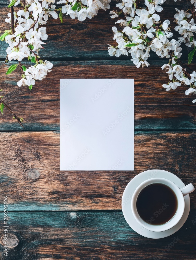 Aufkleber coffee cup next to blank sheet of paper surrounded by white blossoms on rustic wooden table. generat