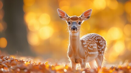 A young fawn stands in a forest setting, surrounded by autumn leaves, illuminated by warm golden sunlight.