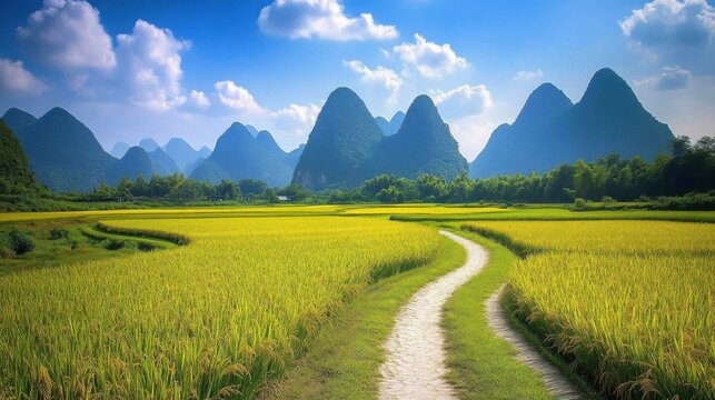 Serene Rice Paddy Fields and Majestic Karst Mountains in China - Powered by Adobe