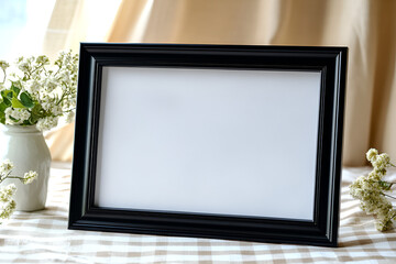 Fototapeta premium Blank Black Frame Mockup: A sleek, black picture frame sits on a beige checkered tablecloth, flanked by delicate white flowers in a small vase. Perfect for showcasing your designs or artwork.
