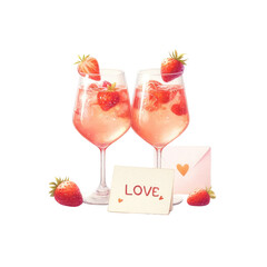Two refreshing strawberry cocktails with a love note, perfect for romantic occasions and celebrations.