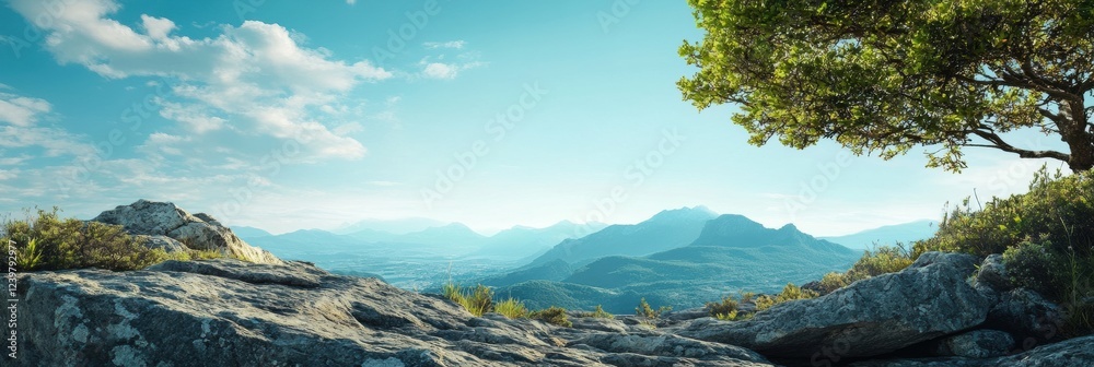 Poster mountain landscape view with blue sky and wispy clouds during daytime. generative ai