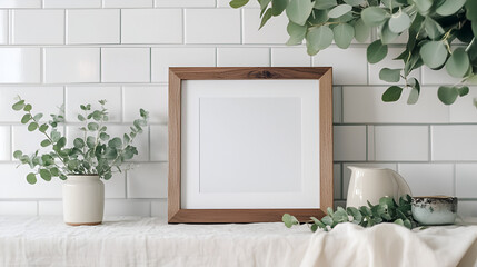 Square Frame Mockup: A rustic wooden square frame sits on a linen tablecloth against a backdrop of white subway tiles, flanked by sprigs of eucalyptus.