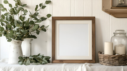 Rustic Elegance Mockup: A stylish, minimalist mockup featuring a blank square frame on a whitewashed wooden shelf.