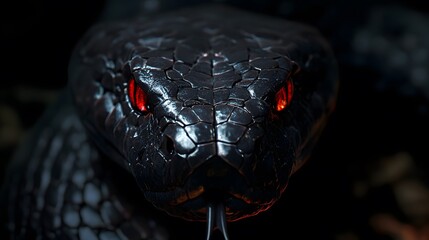 Fototapeta premium Black Snake with Red Eyes, on Black Background, Abstract Image, Texture, Pattern Background, Wallpaper, Cover and Screen of Smartphone, PC, Laptop, 9:16 and 16:9 Format