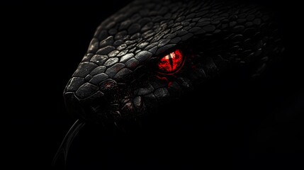 Fototapeta premium Black Snake with Red Eyes, on Black Background, Abstract Image, Texture, Pattern Background, Wallpaper, Cover and Screen of Smartphone, PC, Laptop, 9:16 and 16:9 Format