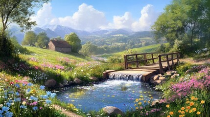 Fototapeta premium Scenic Meadow with Bridge and Stream Surrounded by Vibrant Flowers