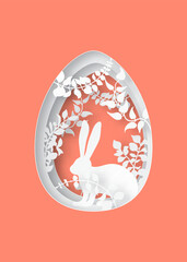 Easter spring forest with grass, branches, leaves, trees and rabbit. Easter egg shape. Holiday, nature and animals idea.