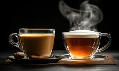 Warm Drinks: A steaming cup of tea and a creamy latte, perfect for a cozy moment.