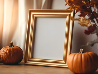 Autumn Mockup: Gold frame mockup with pumpkins and autumn leaves, perfect for showcasing your designs or photos.  Warm autumnal tones and soft lighting create a cozy and inviting atmosphere.