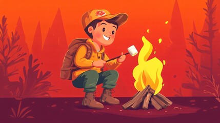 Scout Boy Roasting Marshmallow on a Campfire, Vector Illustration