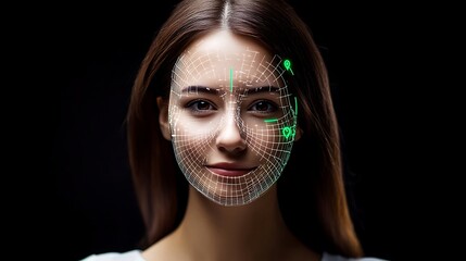 Young woman with facial recognition technology overlay, showcasing innovation in digital security