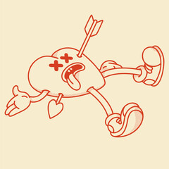 Heart mascot in retro groovy style. Valentine's Day vintage heart character killed by Cupid`s arrow. February 14 vector