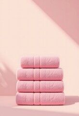 A stack of pink fluffy towels sits on a pink surface