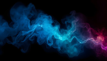 Obraz premium Color mist. Ink water. Haze texture. Fantasy night sky. Blue green shiny glitter steam cloud blend on dark black abstract art background, Colored gel lighting. isolated with white shades