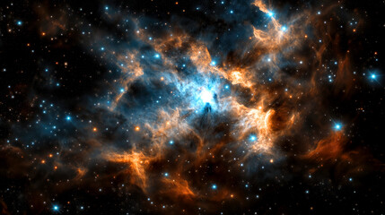 Fototapeta premium A stunning cosmic nebula showcases swirling clouds of blue and orange gas, illuminated by shining stars. This celestial phenomenon highlights the dynamic beauty of space and stellar formation.