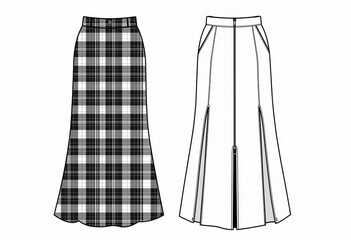 プリーツマキシスカートのテクニカルイラスト：ファッションフラットスケッチ、フロントスリット、サイドジッパー、フロント＆バックビュー、女性CADモックアップセット、白とグレー、テクニカルドローイングテンプレート、詳細なデザイン。
