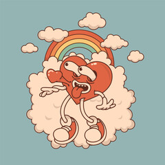 Heart mascot in retro groovy style. Valentine's Day vintage heart character crazy in love. Rainbow, clouds, arrow