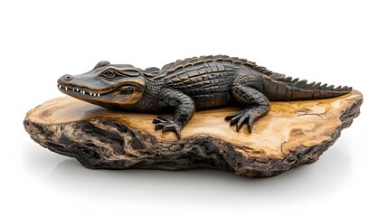 Alligator Sculpture Carved in Rustic Wood, on White Background, Abstract Image, Texture, Pattern Background, Wallpaper, Cover and Screen of Smartphone, PC, Laptop, 9:16 and 16:9 Format