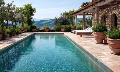 Fototapeta premium Luxurious Saltwater Pool with Sparkling Teal Waters, A Stunning Poolside Experience