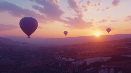 Fototapeta premium Colorful Hot Air Balloons Floating Above Scenic Mountain Landscape