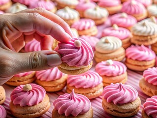 Macro Close-up: Hand Selecting Pink Marshmallow Cookies from a Tabletop Display