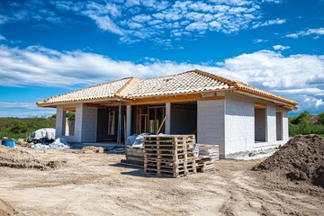 New home construction under a blue sky.