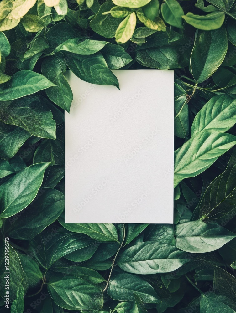 Poster blank sheet of paper rests among vibrant green leaves in a natural setting during daylight. generati