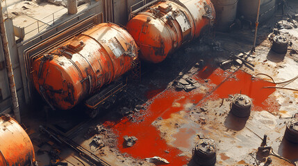 Rust and Ruin:  A close-up view of a dilapidated industrial site, featuring rusty, decaying machinery and a pool of crimson liquid, creating a haunting, post-apocalyptic atmosphere. 
