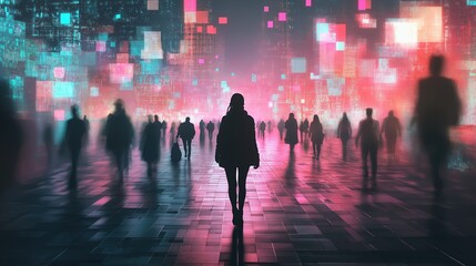 A woman walks down a street in a city with a group of people behind her