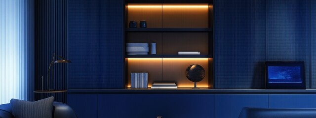 Sleek deep blue storage unit with luminous accents, innovative ergonomic shelving, contemporary design for optimal organization