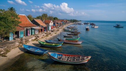 Colorful Fishing Boats Moored at a Sunny Coastal Village