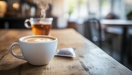 Fototapeta premium Aromatic Latte on Wooden Table in Cozy Cafe
