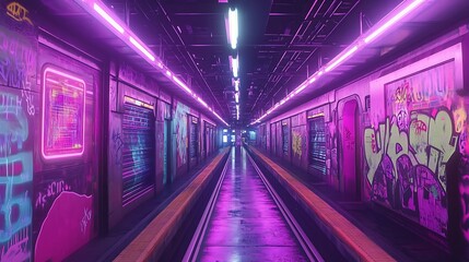Fototapeta premium Neon-lit corridor with graffiti and shuttered storefronts