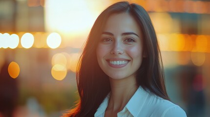 Obraz premium Smiling young woman at sunset, bokeh background. Ideal for themes of happiness, success, or urban life.
