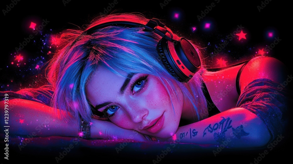 Wall mural Woman with headphones, neon lights, stars.