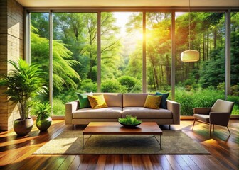 Fototapeta premium Modern interior design photoshoot: sunlight streams into a cozy living room showcasing a plush sofa and verdant view.