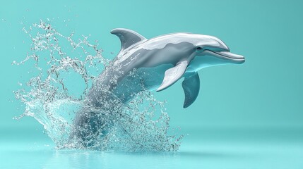 A sleek, silver dolphin leaps from turquoise water, creating a dramatic splash.