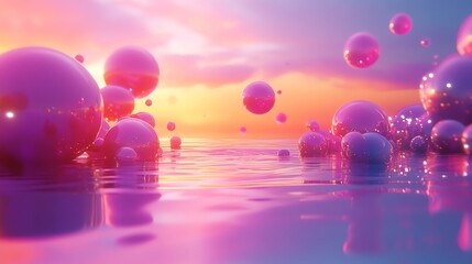 Colorful Spheres Float Above Shimmering Water at Sunset Creating a Serene Atmosphere