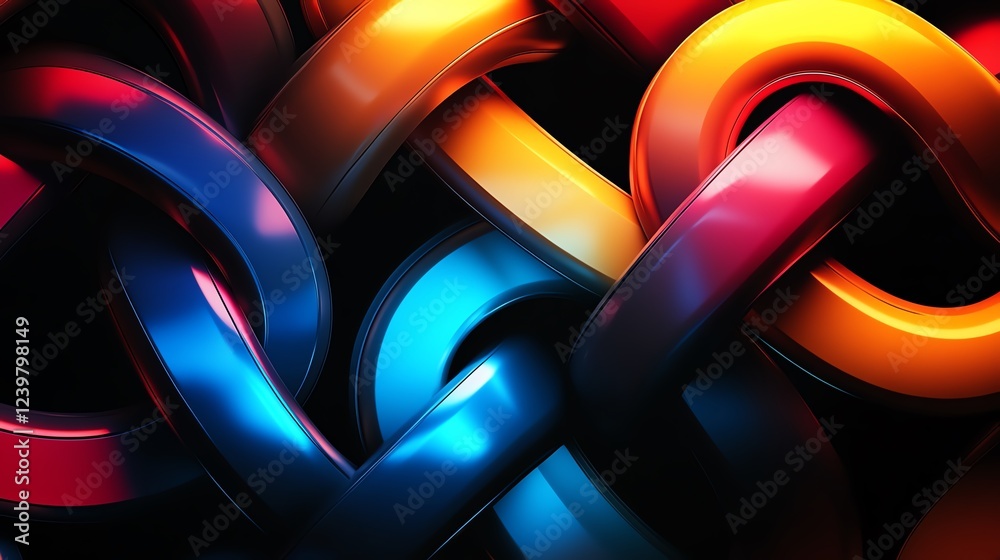 Poster colorful intertwined loops create an abstract pattern with depth and vibrancy in dynamic hues of red