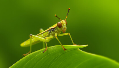 Fototapeta premium Grasshopper nymph (Baby Grasshopper) in leaf, animal closeup, one line art. isolated with white shades