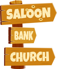 Letter E as wild west signpost with cowboy font, directing to saloon, bank, and church. Cartoon vector vintage western wooden directional sign with pointing arrows. Typeface, type, English alphabet - obrazy, fototapety, plakaty