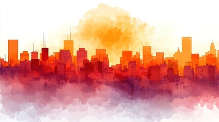 Watercolor cityscape at sunset, orange and red hues.